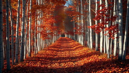 Autumn Path Through the Woods: A captivating view of a path covered in fallen leaves, leading into a mesmerizing forest. with an artistic touch, capturing the essence of autumn