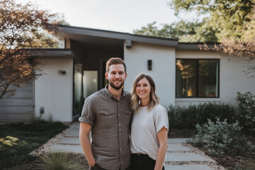 Couple smiling in front of modern white house woman