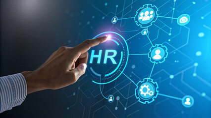 Hand touching hr button on blue digital interface with connected network of people and settings icons