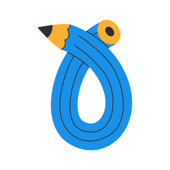 Hand drawn twisted curved pencil. Pencil is bent into number zero or letter O. School studying supplie, comic trendy doodle. Perfect for  timetables, student diaries, notebook, notepad, drawing album