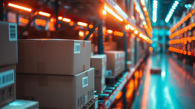 Night Warehouse: Stacked Cardboard Boxes, Warm and Cool Lighting, E-commerce Logistics