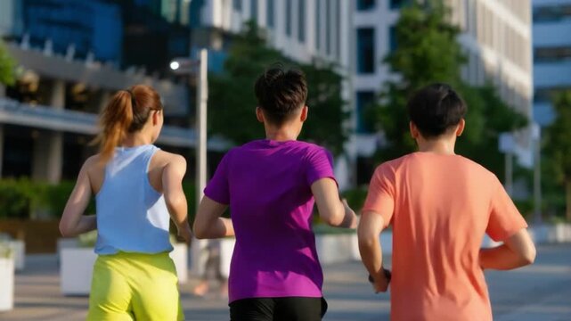 Trio on a Run: Capture the vibrant energy of three people enjoying a refreshing outdoor run. Illustrating their dedication to fitness and highlighting the joy of a healthy lifestyle. 