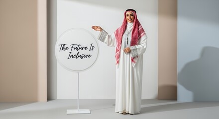 Inclusive Future: A Woman in Traditional Attire Presents a Message of Unity and Progress