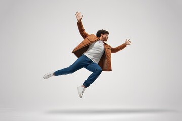 Excited young man in mid air jumping with outstretched arms expressing joy and success against a light gray background