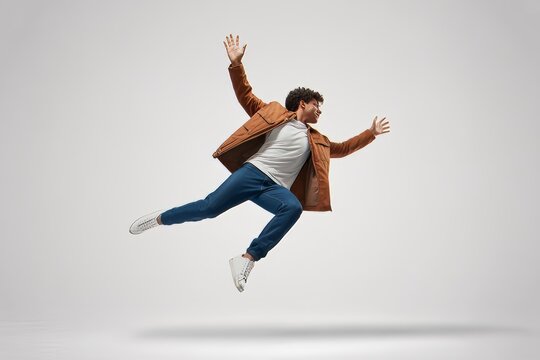 Excited young man in mid air jumping with outstretched arms expressing joy and success against a light gray background