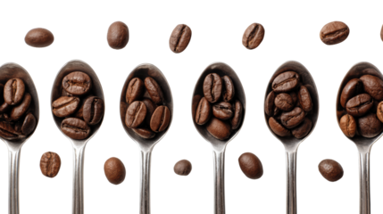 Spoons filled with coffee beans, isolated on white background.