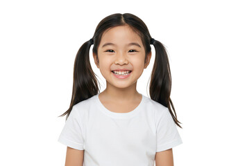 Happy young asian girl with pigtails wearing a white t shirt isolated on transparent background