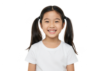 Happy young asian girl with pigtails wearing a white t shirt isolated on transparent background