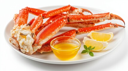 Delicious crab displayed on a white plate with lemon wedges and a small bowl of dipping sauce.