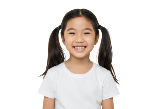 Happy young asian girl with pigtails wearing a white t shirt isolated on transparent background