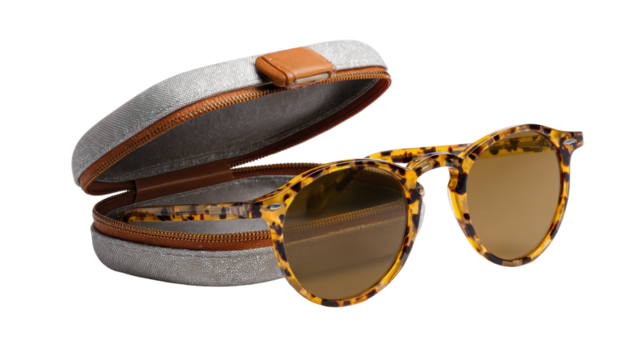 Stylish tortoiseshell sunglasses with case on a white background.