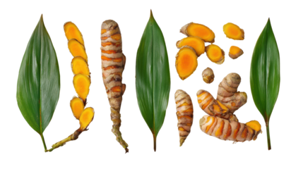 Turmeric plants and roots, vibrant yellow-orange color, natural herbal ingredient, isolated white background.