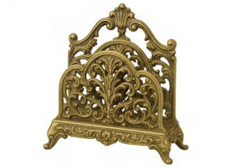 Elegant gold letter holder with intricate floral design, isolated on transparent background, adding a touch of vintage charm to any desk or office space