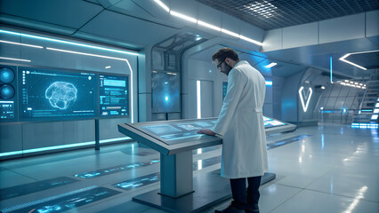 A scientist in a futuristic lab coat analyzing data on a high tech interface screen display system