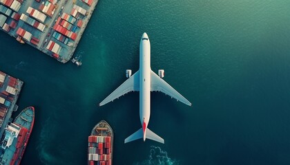 Top view of sea transportation cargo shipping and planes passing by
