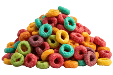 A vibrant pile of colorful ring-shaped cereal