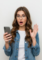 Fototapeta premium Surprised young woman with glasses holding a smartphone.