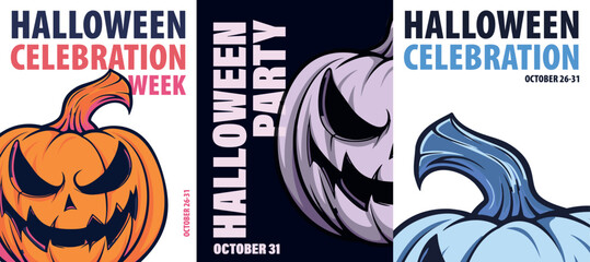 Obraz premium Halloween celebration, party poster pack. Vector illustrations with pumpkin face for social media campaign, print, card, event announcement, placard, leaflet, invitation