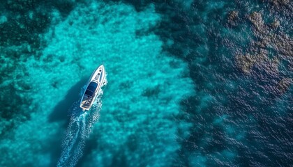 Top view of wooden boat for holiday tourists and coral on the beach