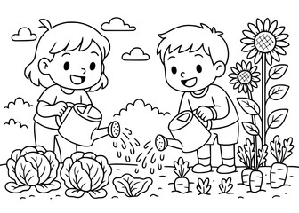 Children watering garden flowers and vegetables outline coloring page