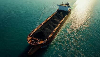 Coal barge in blue ocean shipping transportation in aerial view