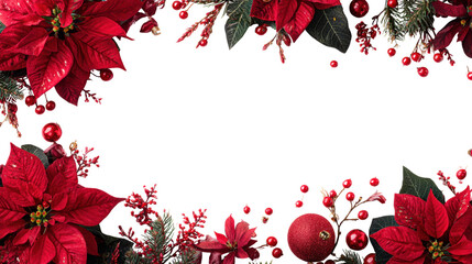 Vibrant poinsettia flowers arranged in a festive frame with berries on a white background.