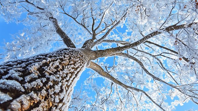 Snowy winter tree branches reach towards a clear blue sky on a cold day - Powered by Adobe