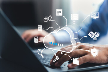 Cloud computing and data security concept with digital network connections, secure file transfer, and cloud-based technology integration in a modern business environment.