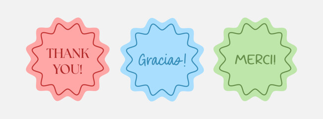 A collection of colorful thank you stickers in various languages. Perfect for gift packaging, envelopes, scrapbooks, or printable labels.