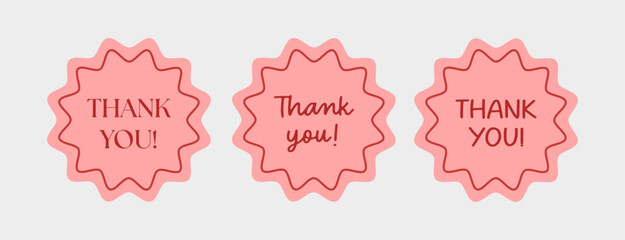 Pink Thank You stickers in different languages. Sticker and Tags for Packaging, gifts, and small businesses.