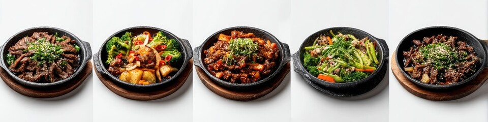 Assorted stir-fry dishes in cast iron skillets