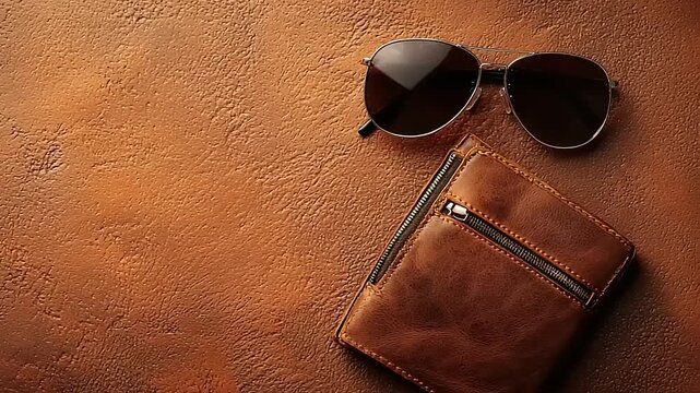 Leather wallet and sunglasses on textured surface