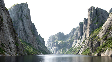 Majestic fjord with steep rocky cliffs leading to distant misty mountains isolated on transparent background