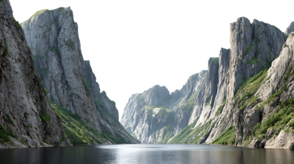 Majestic fjord with steep rocky cliffs leading to distant misty mountains isolated on transparent background