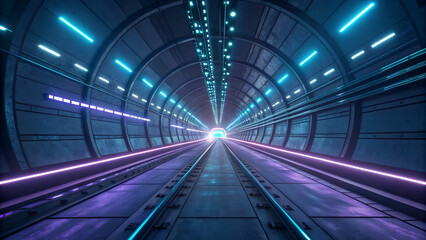A futuristic tunnel with neon lights and a train track leading to a bright light at the end