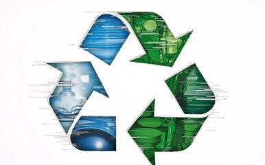 Pixel-glitched recycle symbol with water & plants. Represents environmental issues, digital distortion of nature, fragile ecosystems, & the urgency of recycling.