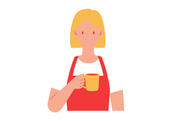 A faceless woman with blonde hair and a red apron holds a yellow mug