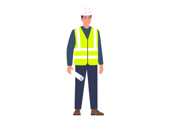 A man in a hard hat and reflective vest holding a rolled document standing on a white background