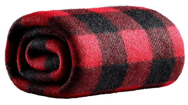 Warmth of Plaid: An inviting rolled blanket of a warm red and black plaid design provides a tactile and visual sense of comfort and coziness. 