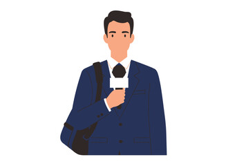 A reporter in a blue suit holds a microphone with a bag over his shoulder