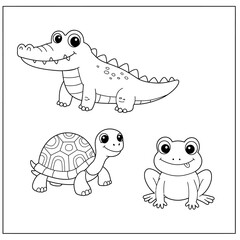 Cute Crocodile Turtle and Frog Cartoon Animals for Coloring Page