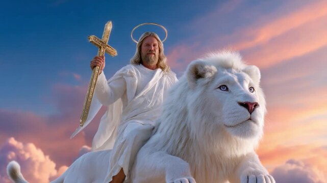 Celestial Rider and Lion: A divine figure, adorned with a halo, rides atop a majestic white lion, symbolizing power, grace, and spiritual guidance against a stunning sky.