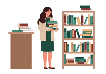 A woman carries books between a table with books and a bookshelf all indoors
