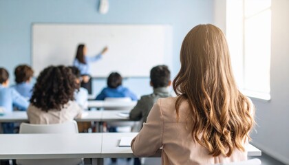 Classroom Scene: Students Listening to Teacher's Lesson, Back View