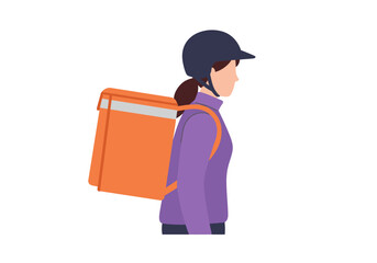 A woman wearing a helmet with a delivery box on her back