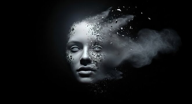 Disintegrating Face in Grey Particles Digital Art. - Powered by Adobe