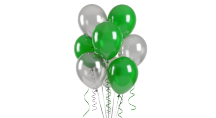 Celebrate with Green and Silver Balloons, Floating Joyfully Against a Transparent Background