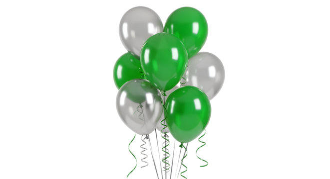 Celebrate with Green and Silver Balloons, Floating Joyfully Against a Transparent Background