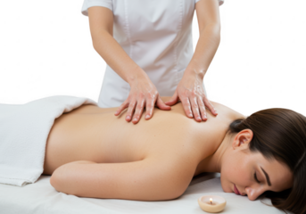 Therapist giving a relaxing back massage to a woman isolated on transparent background