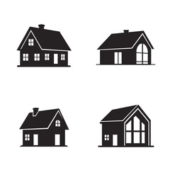Four House Icons in Black and White Illustrating Different Architectural Styles